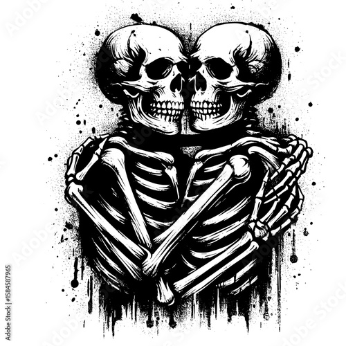 Two Skeleton Lover. Cartoon Clipart Silhouette Vector Illustration Line Art Illustration. Skeletal affection a pair showing devotion and heartfelt emotion to someone.