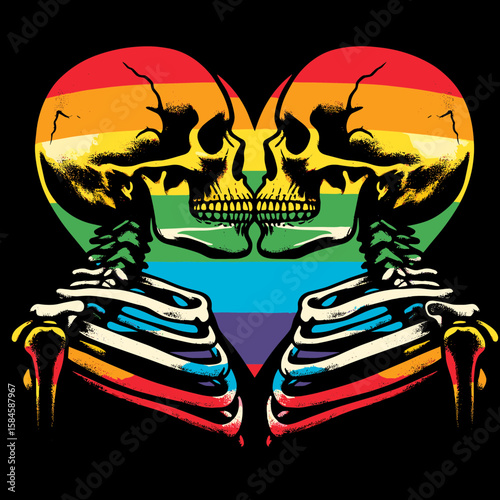 Two Skeleton Couple Pride. Cartoon Clipart Silhouette Vector Illustration Line Art Illustration. Dual bony partner love celebration human figure joy identity.