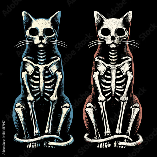 Two skeleton. Cartoon Clipart Silhouette Vector Illustration Line Art Illustration. Pair of bone structures anatomy model physique frame concept human figure.