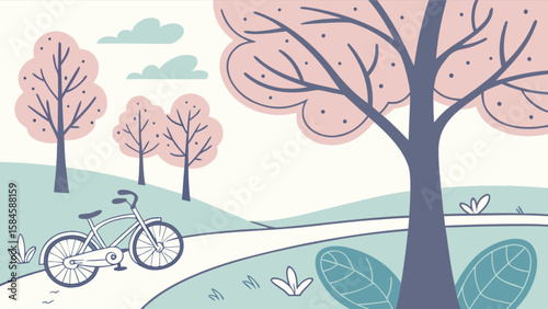 Illustration of bicycle riding in spring park with trees and clouds in pastel colors vector graphic