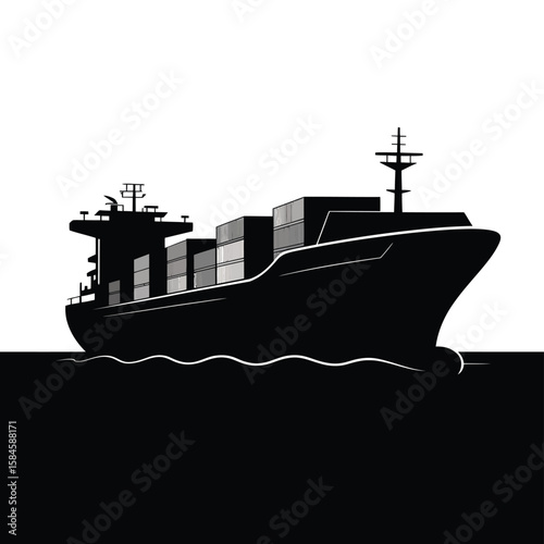 Black cargo ship silhouette with containers on white background