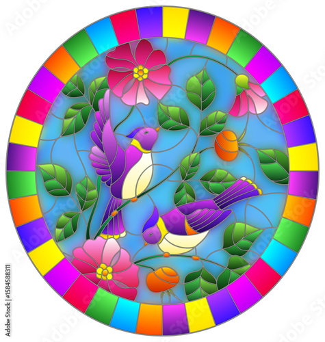 Obraz na plátně An illustration in stained glass style with two purple birds on the branches of