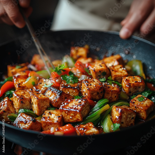 Person cooking tofu in a skillet.