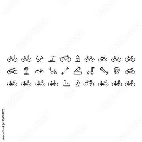  Bicycle and Cycling Outline Icons: Bikes, Gear, Repair, and Rider Elements