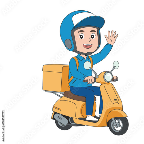 Cartoon delivery driver waving while riding a yellow scooter with a delivery box on the back side