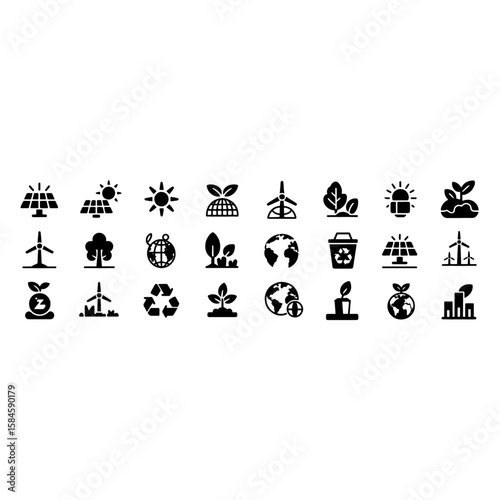 Environmental and Green Energy Glyph Icons: Solar, Wind, and Nature Conservation