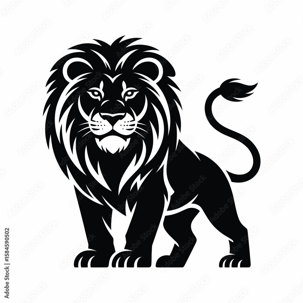 Fototapeta premium Black Lion Silhouette Standing Proudly with Detailed Mane and Tail