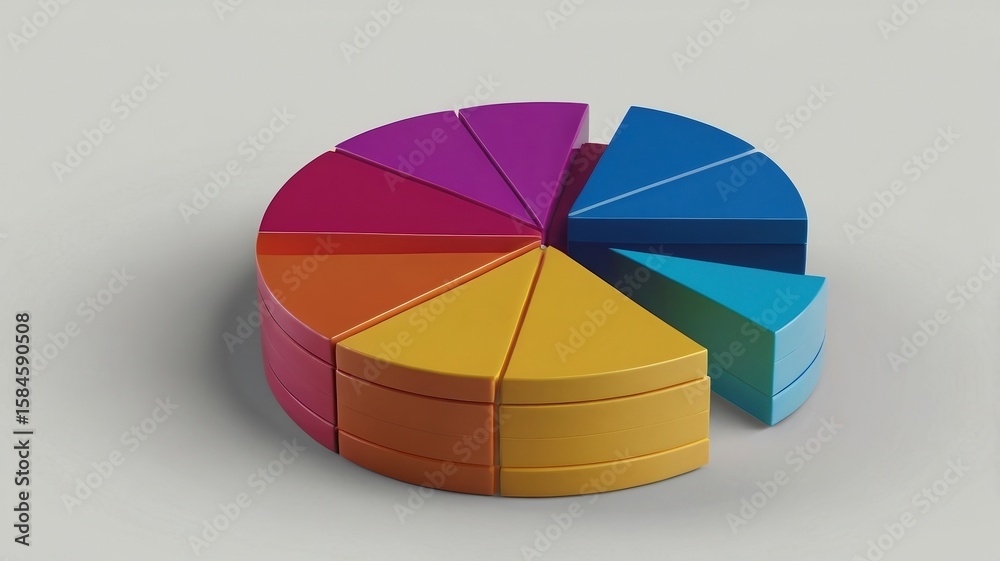 Obraz premium Colorful pie chart with missing slices on a light gray background in a studio shot style