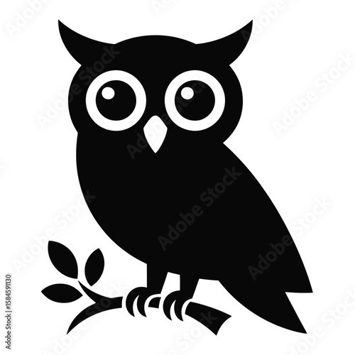 Black owl silhouette with large white eyes perched on a branch with leaves