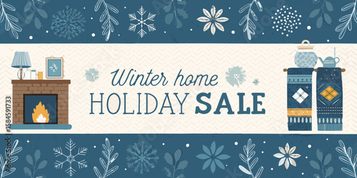 Cozy winter home decor illustration for holiday sale promotion  