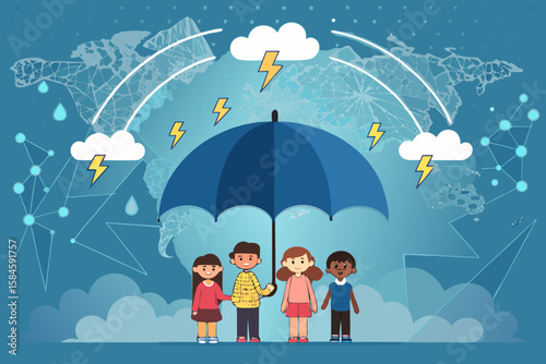 Children standing under blue umbrella against stormy weather concept  