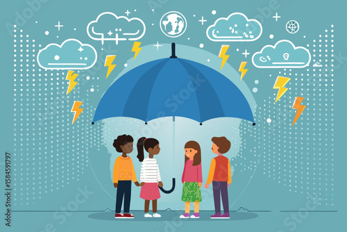 Four children standing together under a blue umbrella during a storm  