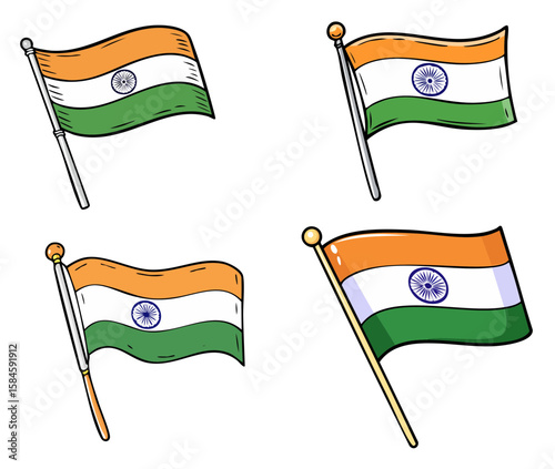 Indian Flag in Different Angle: a group of hand-drawn national flags of india, featuring iconic symbols and colors, symbolizing pride and unity 