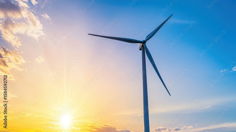 Obraz premium A wind turbine spinning gracefully against a dramatic sunset sky