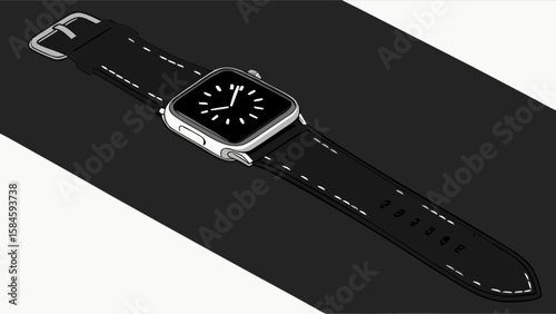 Illustration of a modern smartwatch with black leather strap and white stitching design aesthetic look 100 char