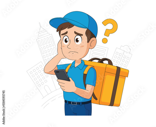 Confused delivery man holds phone with question mark and buildings in the background illustration