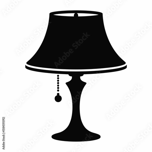Black silhouette of a table lamp with a lampshade and pull chain on a white background