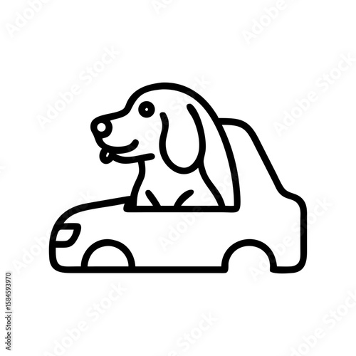 Dog sitting in car with happy expression, line art illustration  