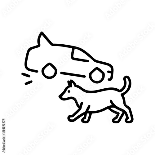 Dog chasing a car in a minimalist line art style  