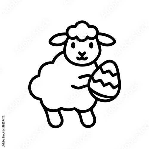 Cute sheep holding decorated Easter egg in playful style  