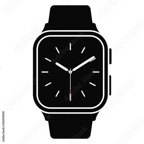 Black smartwatch silhouette with white dial hands and red second hand detail