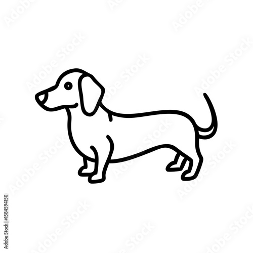 Line art illustration of a miniature dachshund standing sideways  