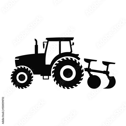 Black tractor silhouette with large wheels and plow on a white background