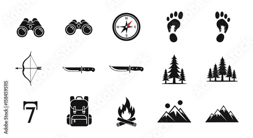 Collection of black silhouette icons representing outdoor adventure and exploration equipment.
