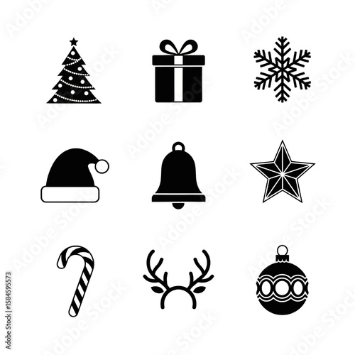 Nine simple black Christmas icons: tree, gift, snowflake, Santa hat, bell, star, candy cane, reindeer antlers, and bauble.