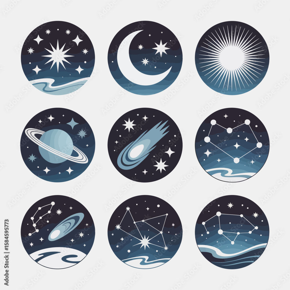 Celestial Icons Set of Nine Circular Illustrations with Stars Planets and Constellations Celestial Icons Set of Nine Circular Illustrations with Stars Planets and Constellations