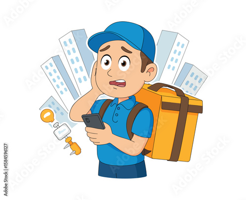Delivery man looking at phone with worried expression and delivery bag in a city background scene