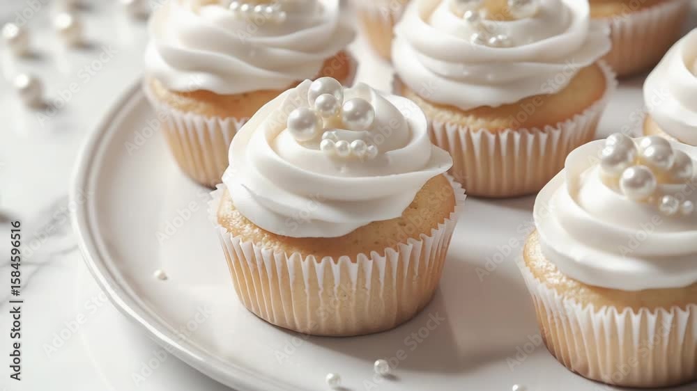 Bite-sized cupcakes with vanilla frosting, dotted with delicate white pearls that add a touch of elegance to these sweet treats. Bite-sized cupcakes with vanilla frosting, dotted with delicate white pearls that add a touch of elegance to these sweet treats.
