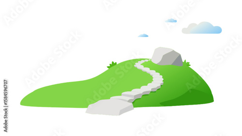 Illustration of a green hill with a stone path leading to a rock and clouds in the sky landscape view