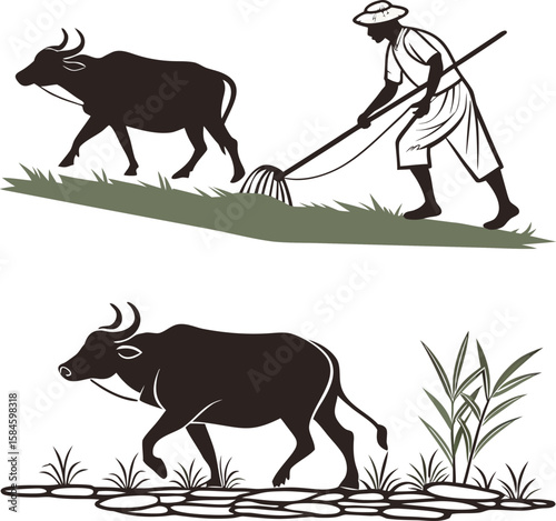 rhino and calf with bull silhouette vector illustration of wild animals nature and farm design cartoon icon