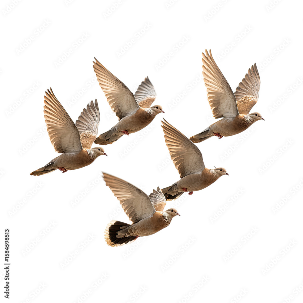 Obraz premium Five Doves in Flight Majestic Avian Ballet Against Dark Background