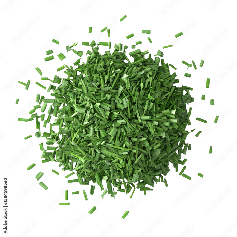 A pile of freshly cut chives, herbs in a top-down view, isolated on a white background. Dried oregano leaves for cooking and food photography A pile of freshly cut chives, herbs in a top-down view, isolated on a white background. Dried oregano leaves for cooking and food photography
