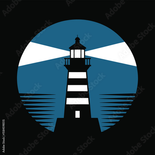Lighthouse silhouette with blue circle and white light beams over water