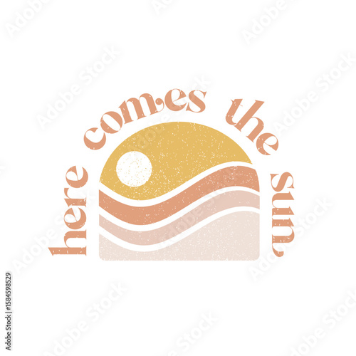 Here comes the sun - Retro Sun and Summer Quote Vector Illustration Pack