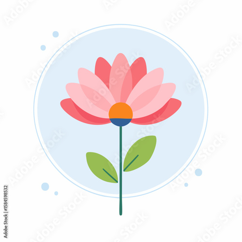 Pink stylized flower with orange center and green stem on soft blue background, clean vector art.
