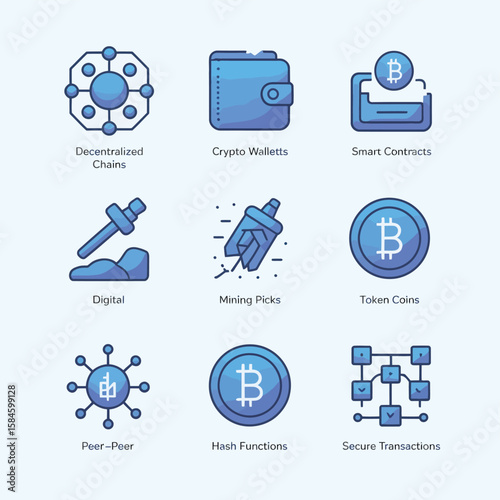 Nine Blue Blockchain Icons Including Decentralized Chains Crypto Wallets Smart Contracts and Bitcoin Symbols