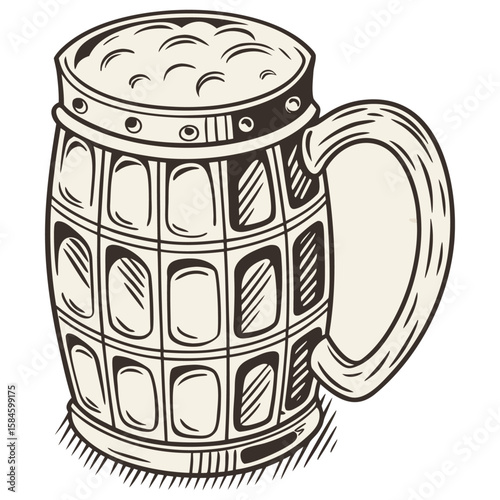  Vintage Beer Mug Illustration in Rustic Hand-Drawn Style for Oktoberfest or Brewery Art