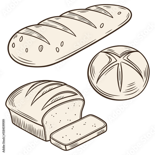 Assorted Bread Loaves Sketched in Monochrome with Artisan Style Line Art