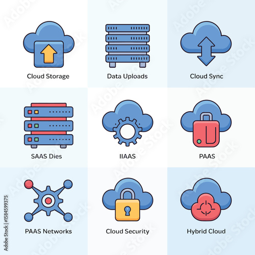 Nine Cloud Computing Icons with Blue Clouds and Various Symbols on a White Background