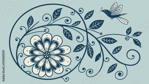Lovely flower-themed round border. Artistically sketched decorative elements. Standalone vector artwork in blue background vector illustration.