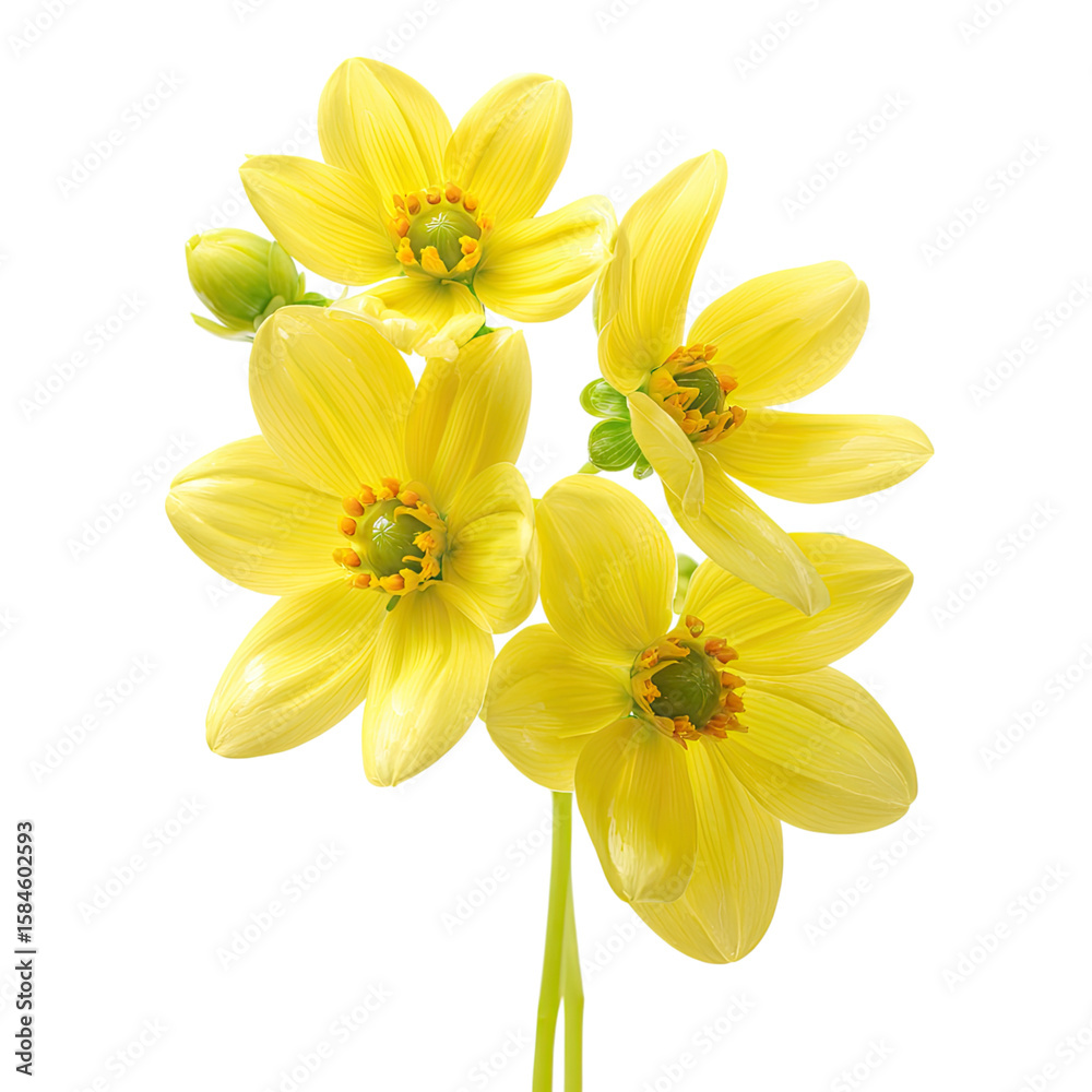 Obraz premium Vibrant Yellow Dahlias Close-up Photography: A Stunning Bouquet of Four Blooming Flowers