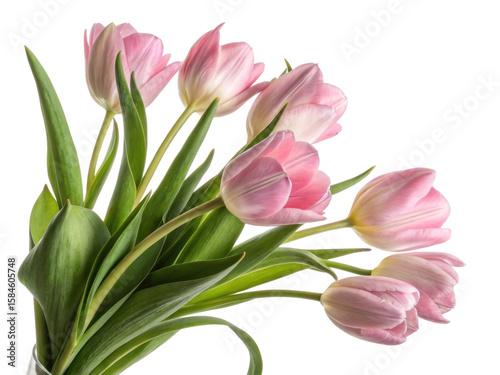 Beautiful pink tulips bloom gracefully, showcasing their delicate petals and vibrant green leaves, creating stunning floral arrangement