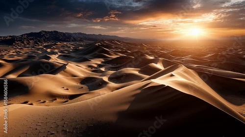 desert landscape with massive sand dunes at sunset, long shadows, intricate textures in the sand, soft warm light creating stunning highlights and contrast