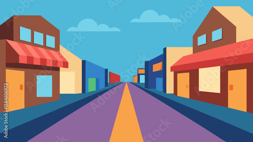 Cartoon Town Path Lined with Quiet Shops