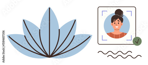 Lotus flower beside user profile picture with verification check, symbolizing wellness, identity, security. Ideal for self-care, balance, relaxation, privacy, personal growth confidence