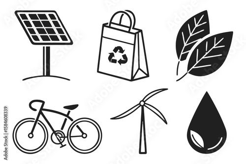 Set of green icons for sustainable energy and ecofriendly practices